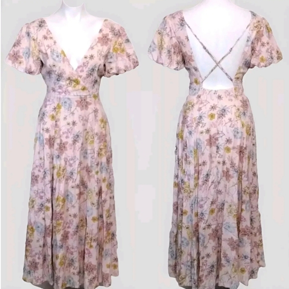 Lulus Dresses & Skirts - Lulus NWT Floral Print Puff Sleeves Crisscross Open Back Maxi Dress XS